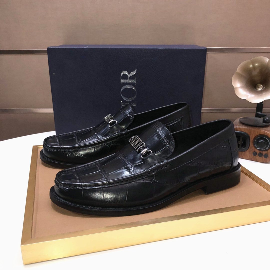 Dior Black Croc-Embossed Logo Loafers